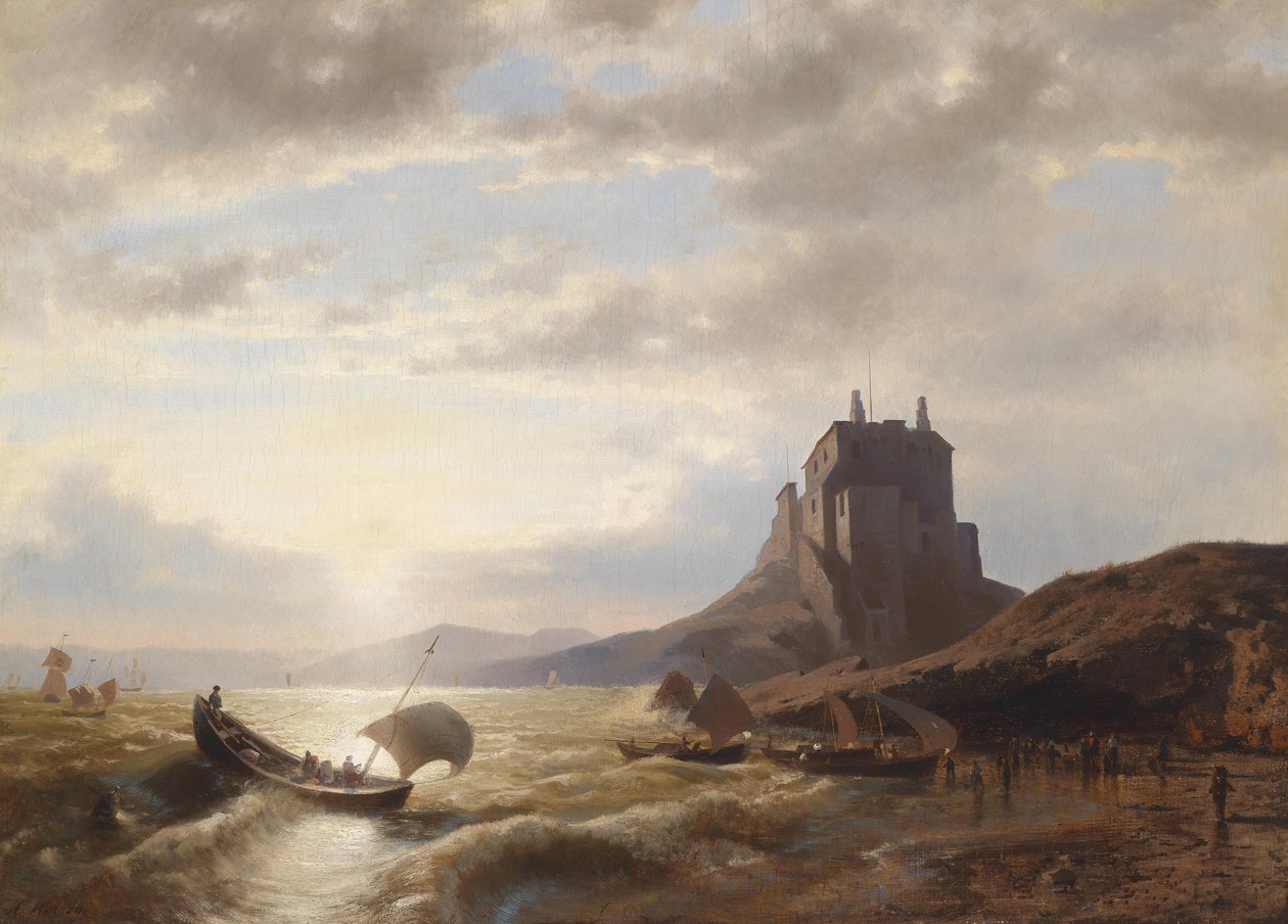 漁師のいる海岸の風景 作： Hermann Ottomar Herzog