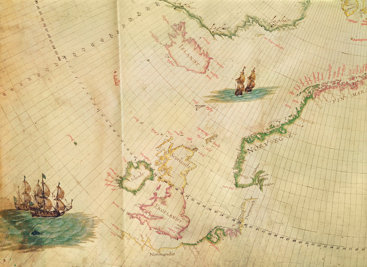 Ms. 1288 fol。 1オランダの海洋地図のコレクションの彫刻からのイングランド、アイルランド、ノルウェーの詳細である極オーロラ 作： ヘッセル・ゲリッツ