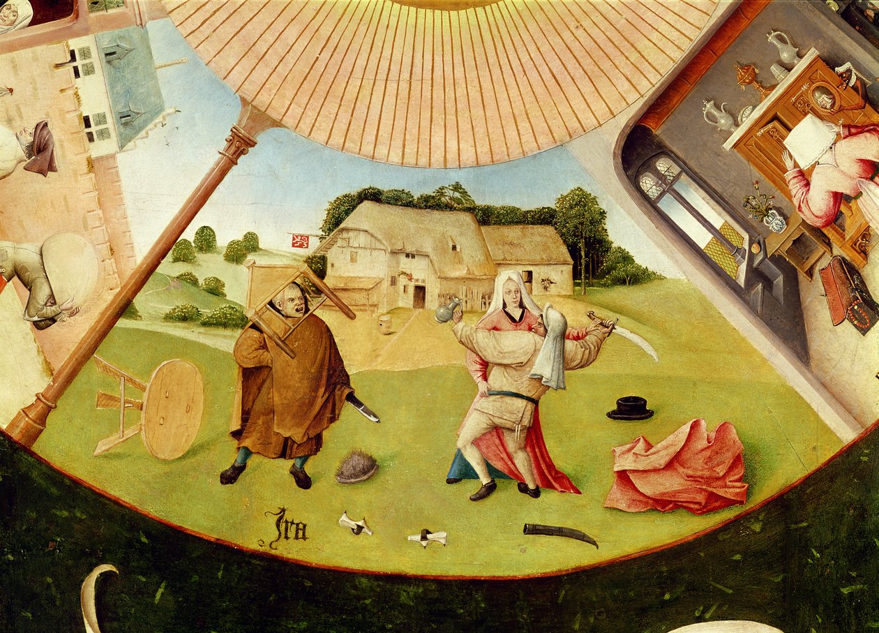 怒り、七つの大罪と最後の四つの事の表からの詳細、c.1480 作： ヒエロニムス・ボッシュ