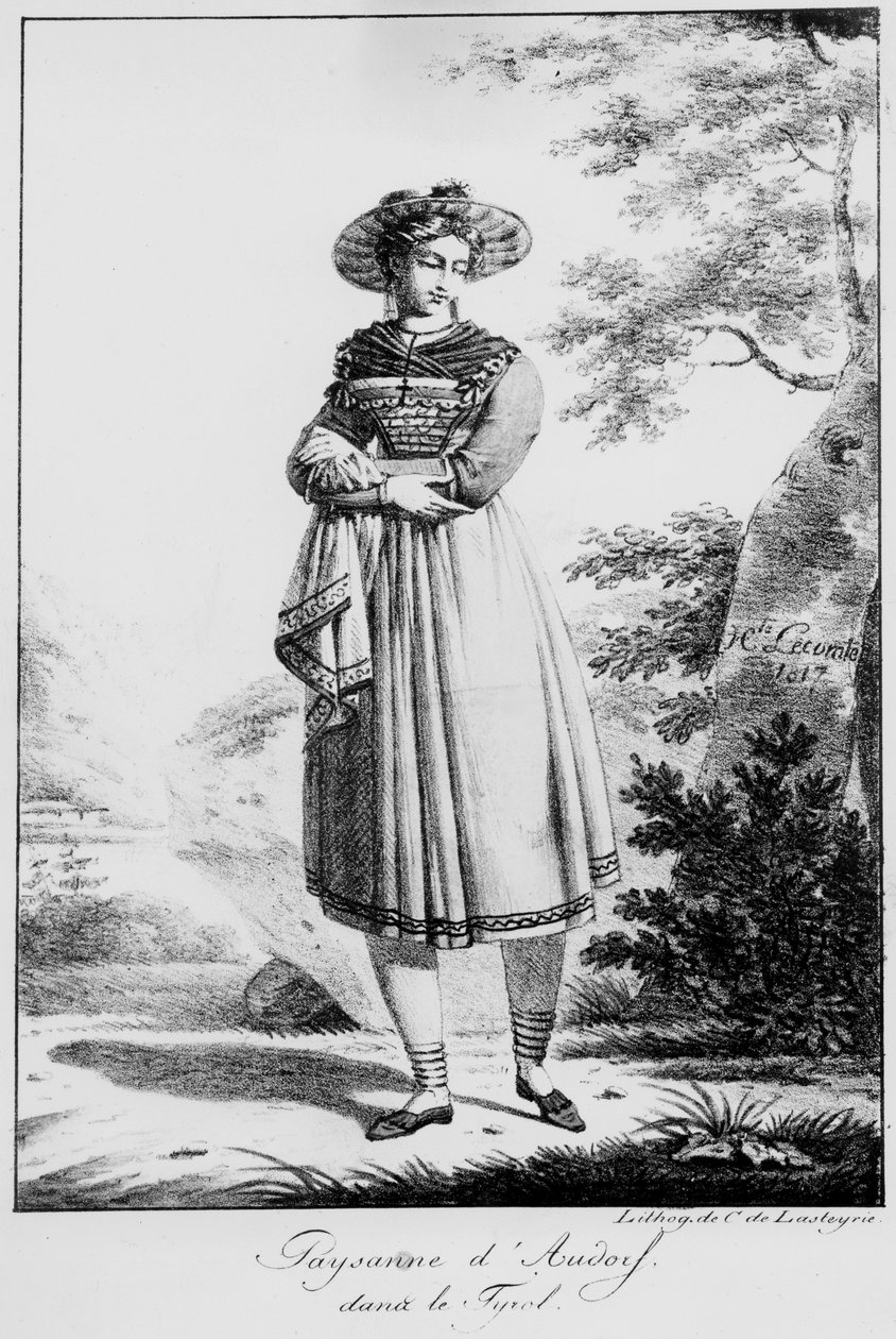 チロルのオードルフ出身の農民少女、1817年（リトグラフ） 作： ヒポリットルコント