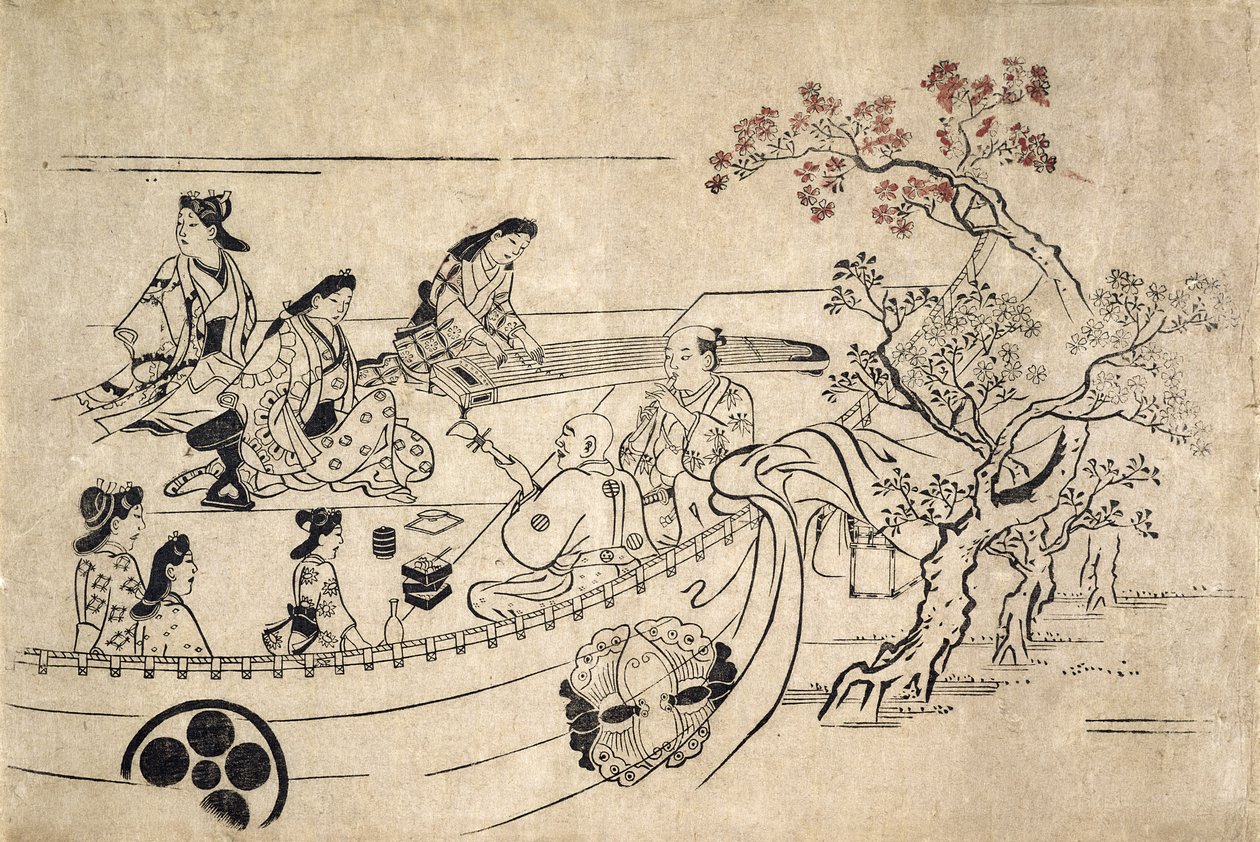 上野の桜の下の音楽、1680年頃（版画） 作： 菱川師宣