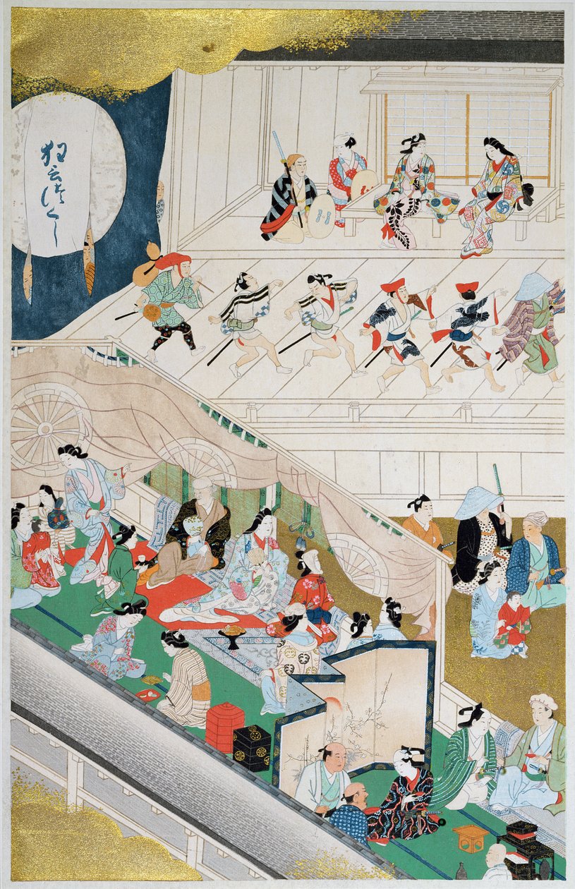 元禄時代（1688〜1704）の日本の人気劇場の風景、1908年8月、雑誌「国華」のイラスト 作： 菱川師宣