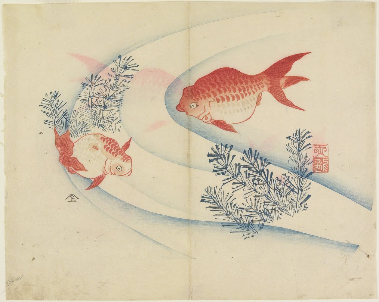 （水中の2つの金魚）、c。 1830 作： 奉行