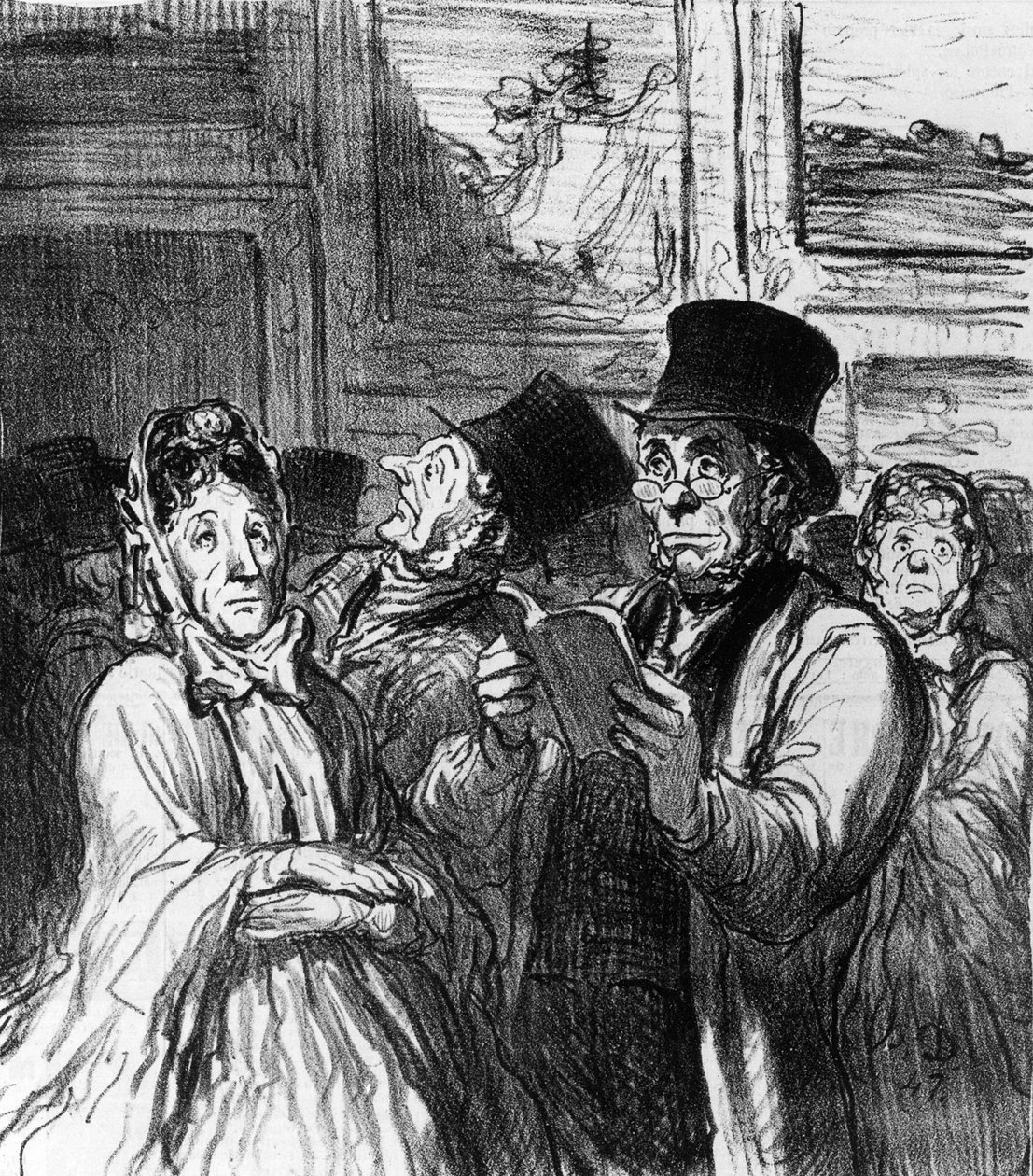 1864年6月3日の「ルシャリヴァリ」からのギュスターヴモローの絵画の前の美術展への訪問者の風刺画 作： オノレ・ドーミエ