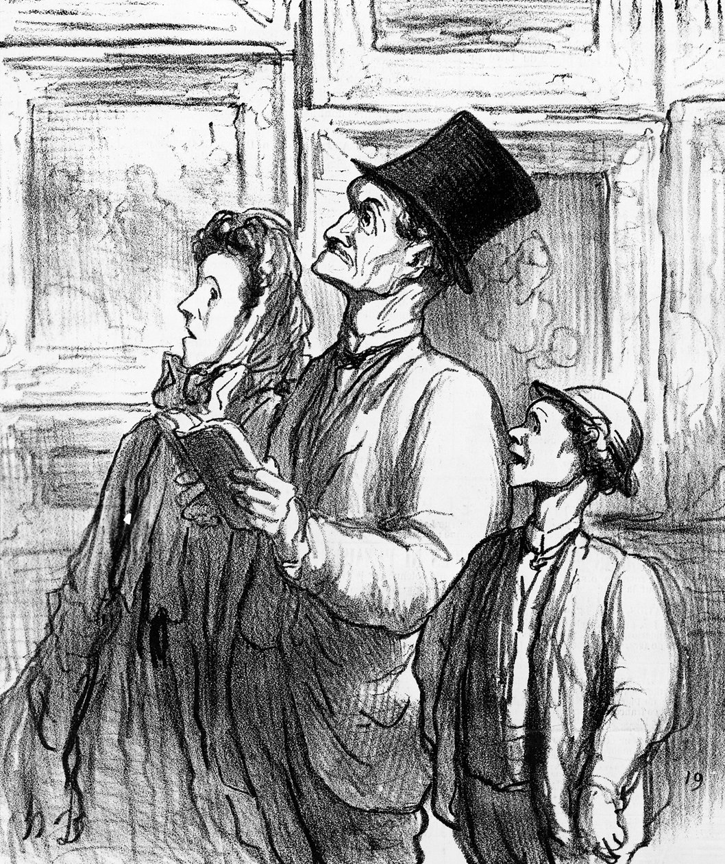 1863年のパリのサロンを訪れ、1865年6月19日の雑誌「Charivari」からの漫画、マネの「オリンピア」の絵についてコメントしている家族 作： オノレ・ドーミエ