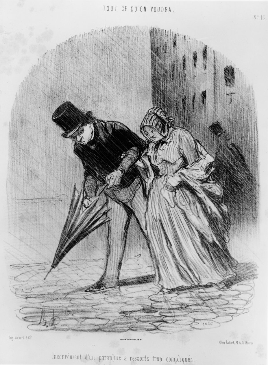 シリーズ「Tout ce qu&39;on voudra」、複雑なばねシステムの傘を持つことの不利、プレート16、1847 作： オノレ・ドーミエ