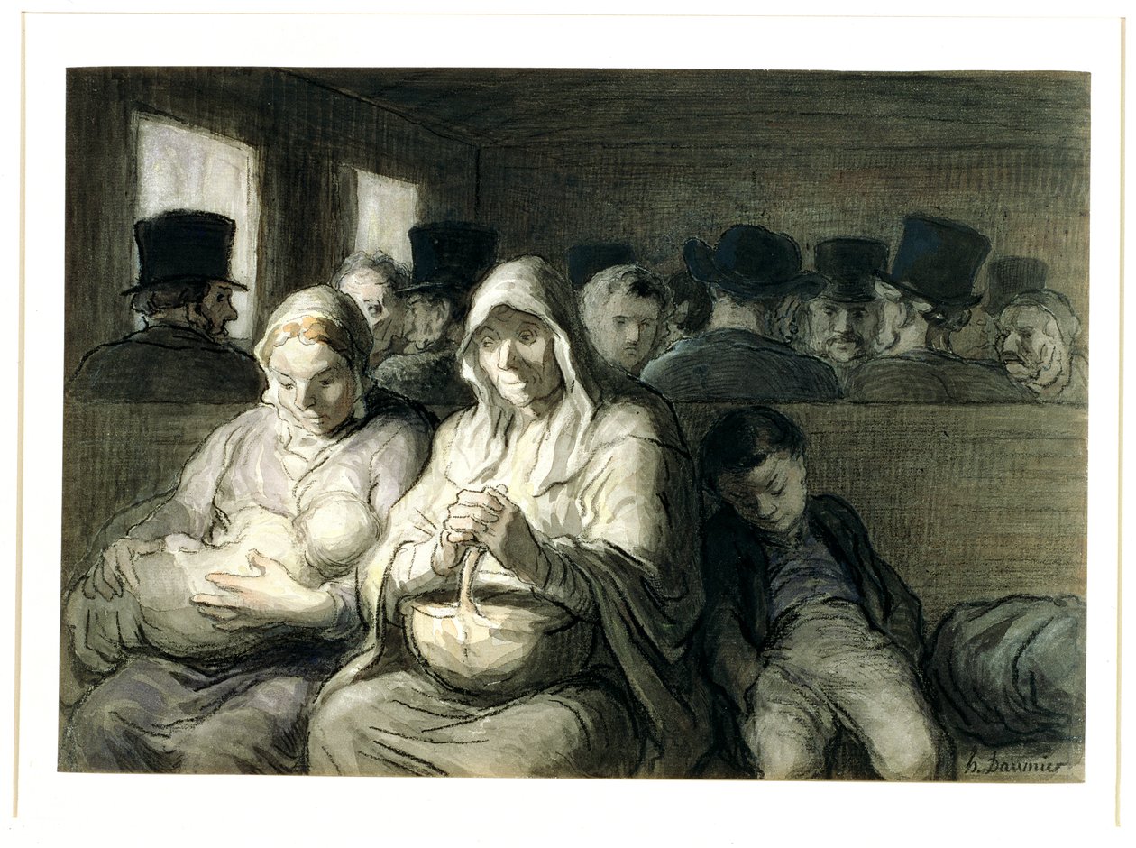 サードクラスキャリッジ、1864（WCインクウォッシュと木炭） 作： オノレ・ドーミエ