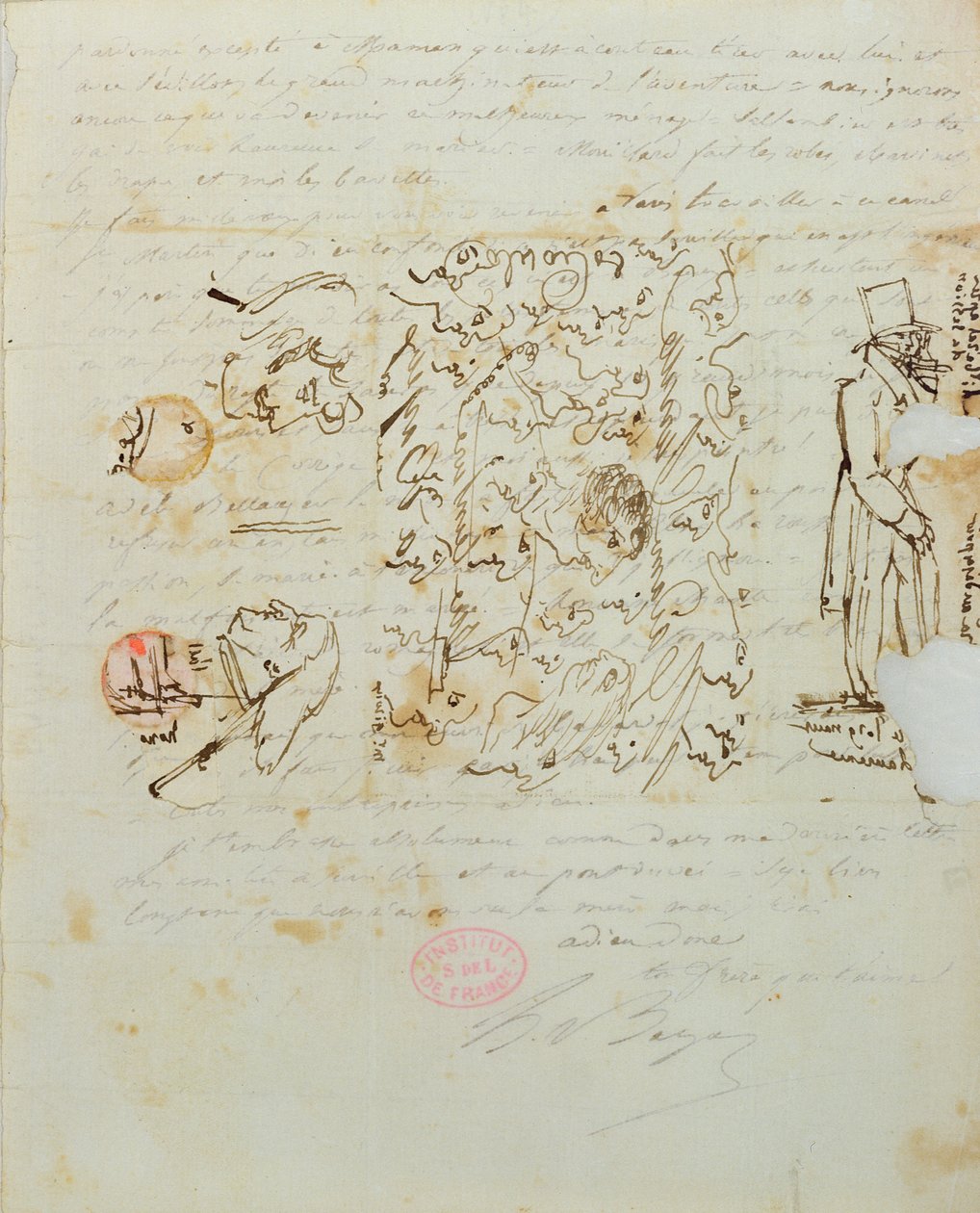 1821年にバルザックの姉のラウレに送った絵入りの手紙（紙にペンとインク） 作： オノレ・ド・バルザック