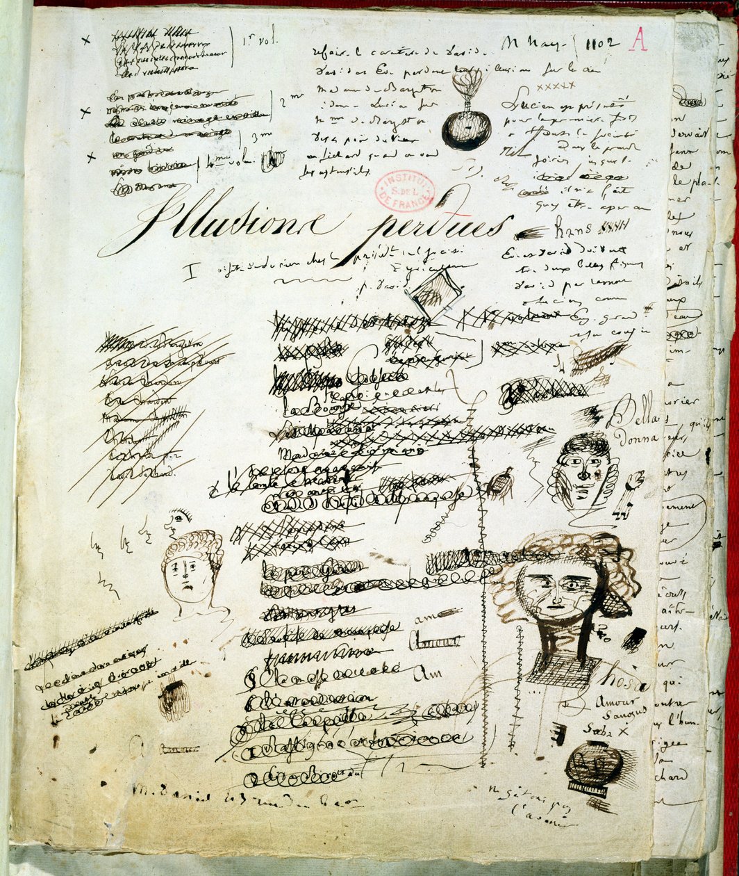 著者による注釈付きの「Les Illusions Perdues」のタイトルページ、c.1830-40 作： オノレ・ド・バルザック