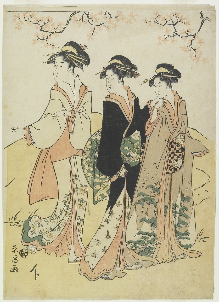（桜の木の下の3つの遊女）、c。 1790年代 作： 細田栄iso