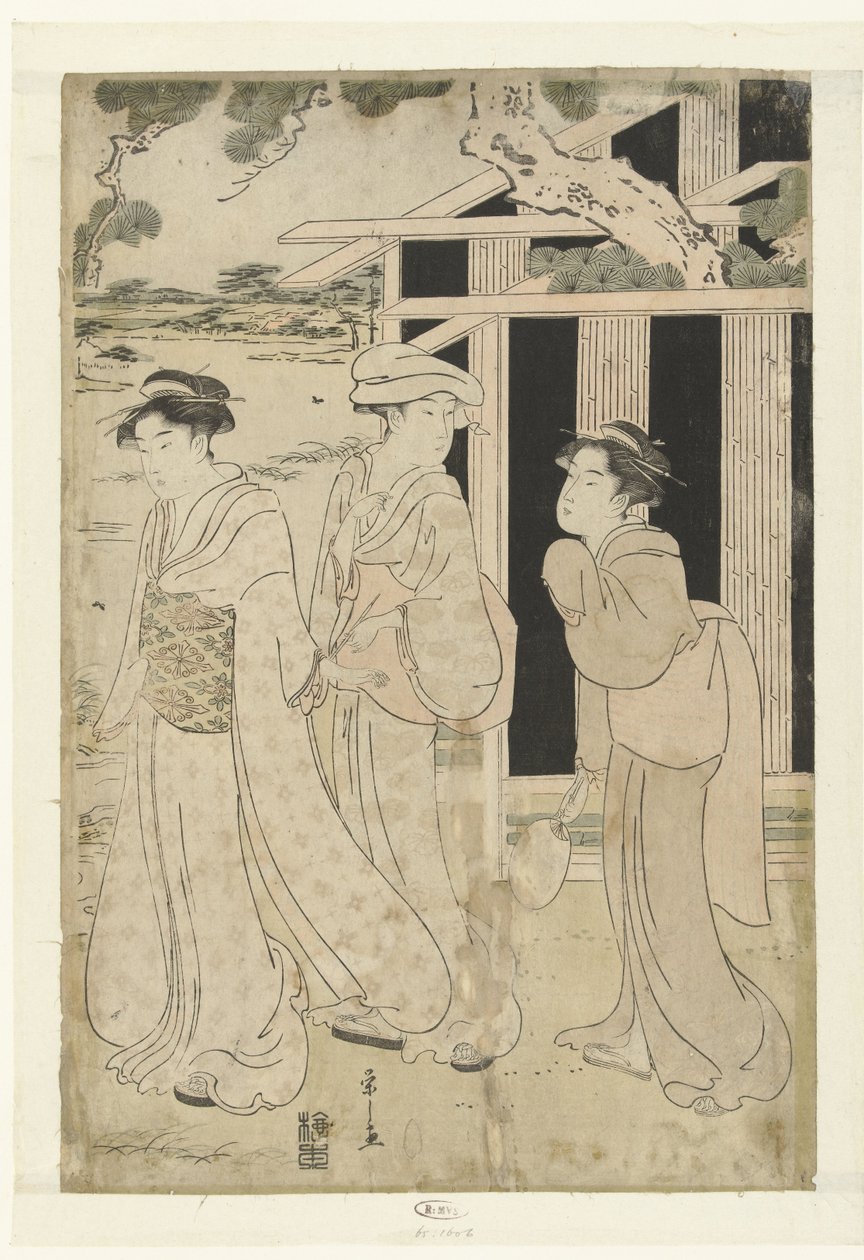 湖畔を歩く 3 人の女性 作： 細田栄司
