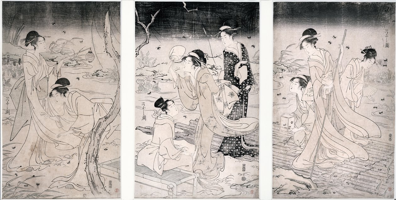 夕暮れ時の蛍狩り1796-97（木版画） 作： 細田栄司