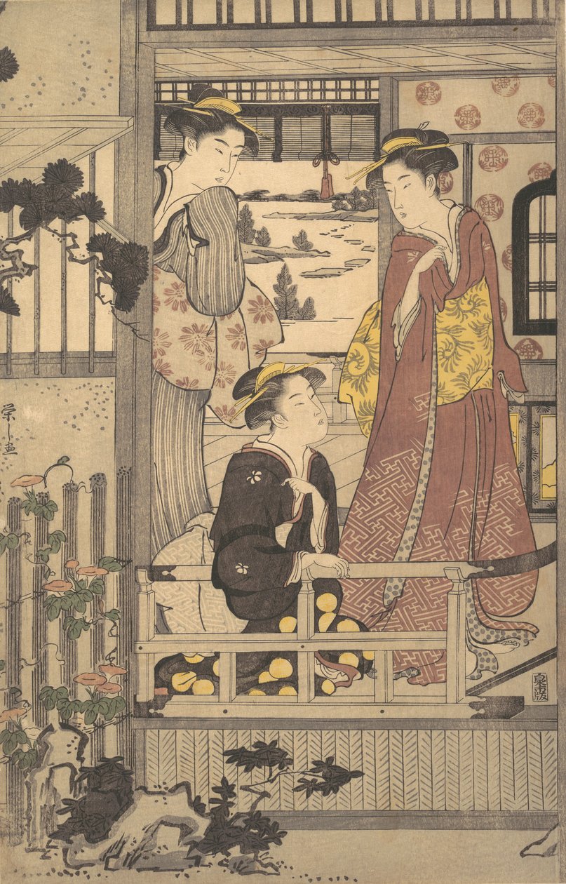 ベランダの 3 人の女性、1756 年から 1829 年。 作： 細田栄司