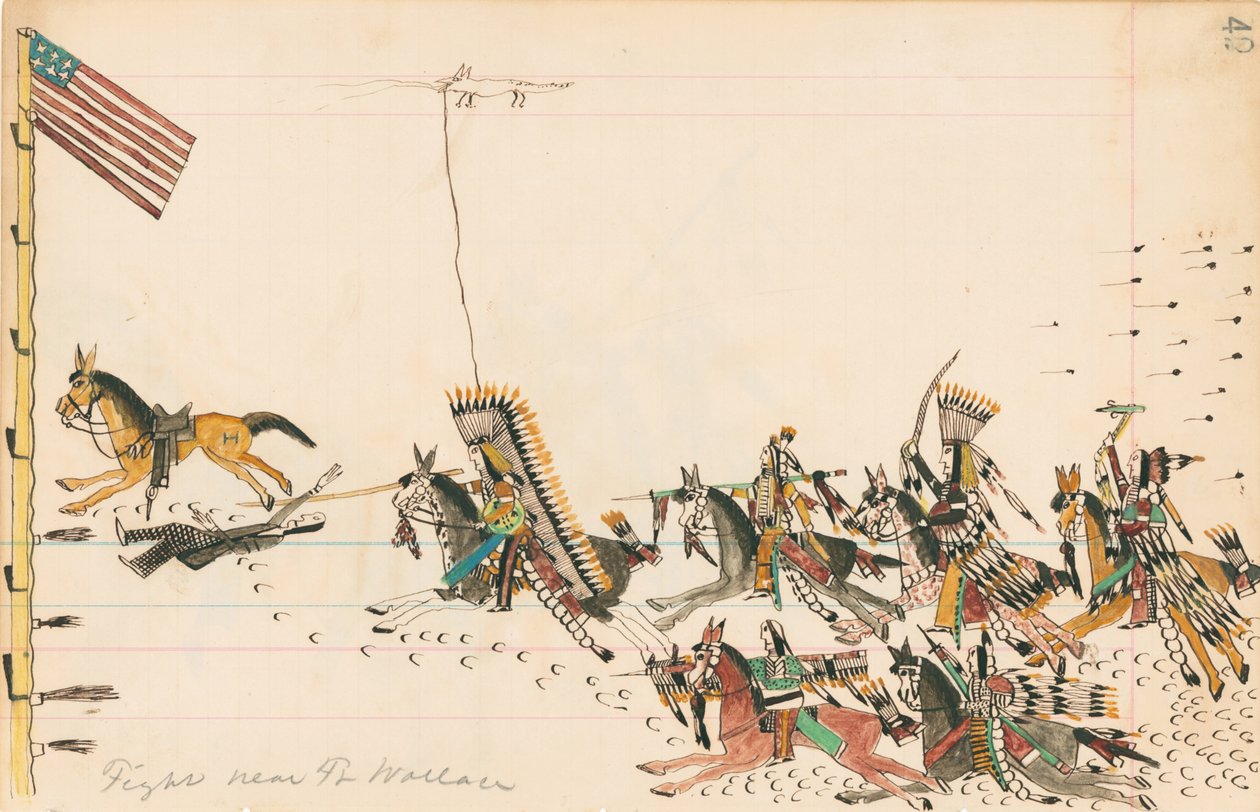 フォート近くで戦います。ウォレス、1874-75（台帳上のペン、インク、トイレ） 作： ハウリングウルフ