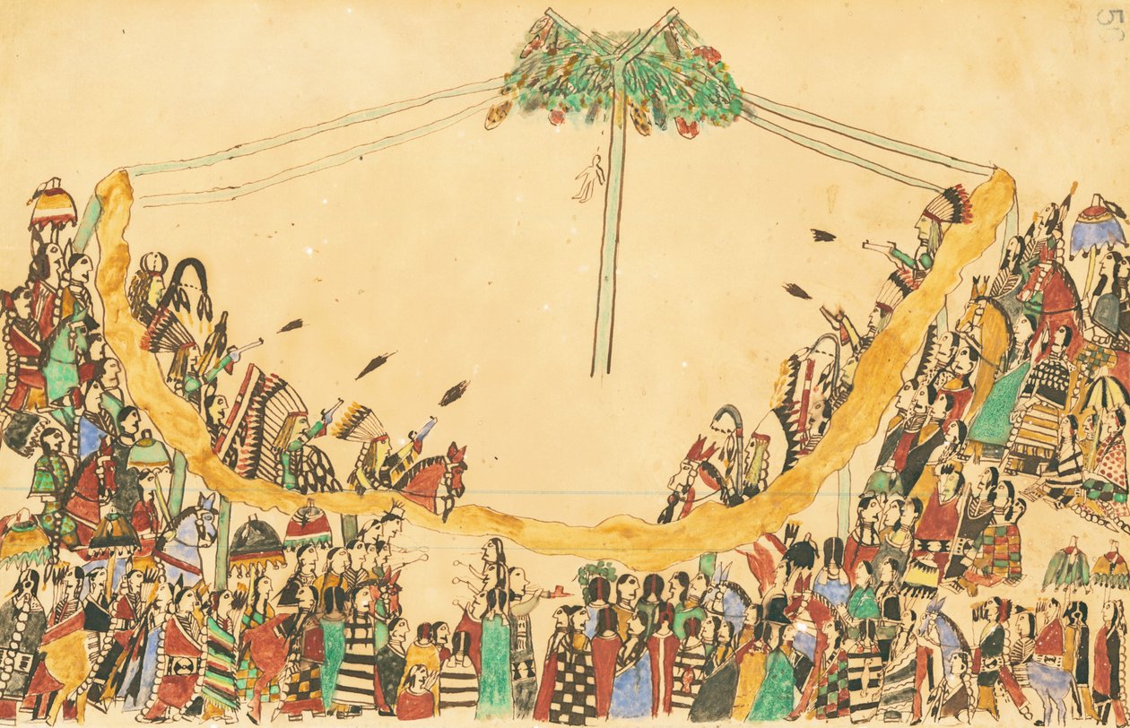 ダンスを始める前にメディシンロッジに壮大な参入をした戦士たち、1874-75（ペン、台帳のインクとトイレ） 作： ハウリングウルフ