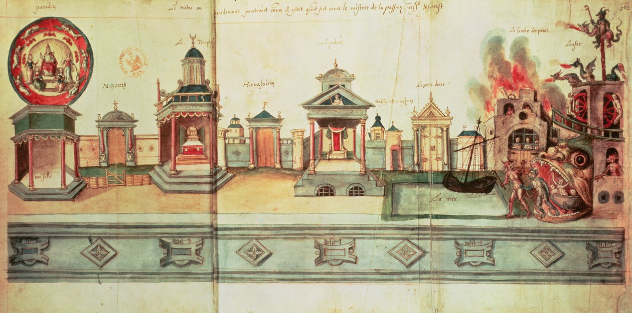 Ms fr.12536 f.2バレンシエンヌミステリープレイの風景、1547年（ガッシュとインク） 作： ユベール・カイロー