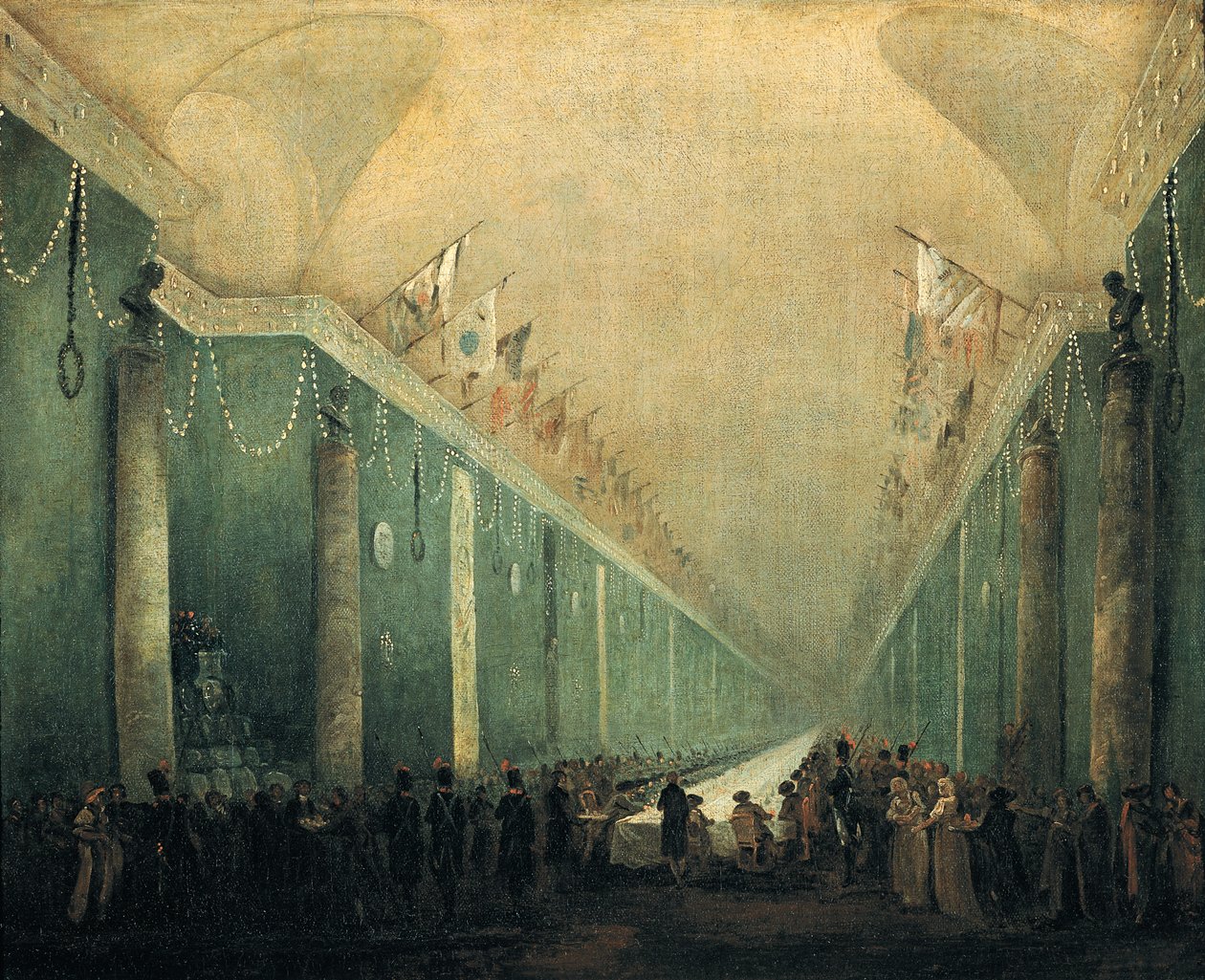 1797年12月20日、ルーヴル美術館のグランデギャラリーでナポレオンボナパルト（1769-1821）に贈られた宴会 作： ヒューバート・ロバート