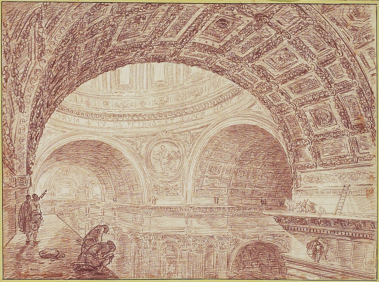 コーニス上部から撮影したサンクトペテルスの丸天井の眺め、1763年（敷設紙に赤いチョーク） 作： ヒューバート・ロバート
