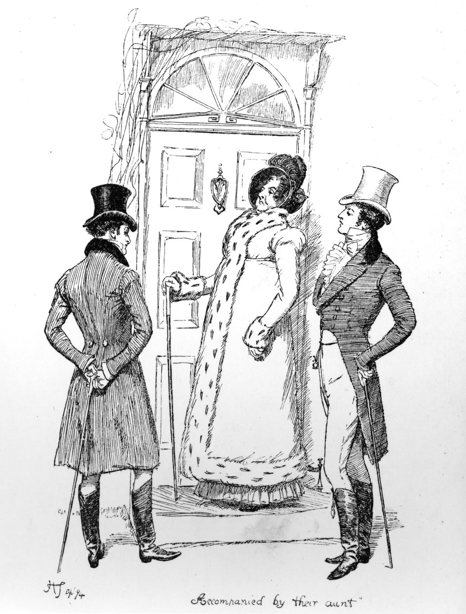 ジェーンオースティンの「Pride und Prejudice」のイラスト「1人の叔母を伴う」1894年に出版された版 作： ヒュー・トムソン