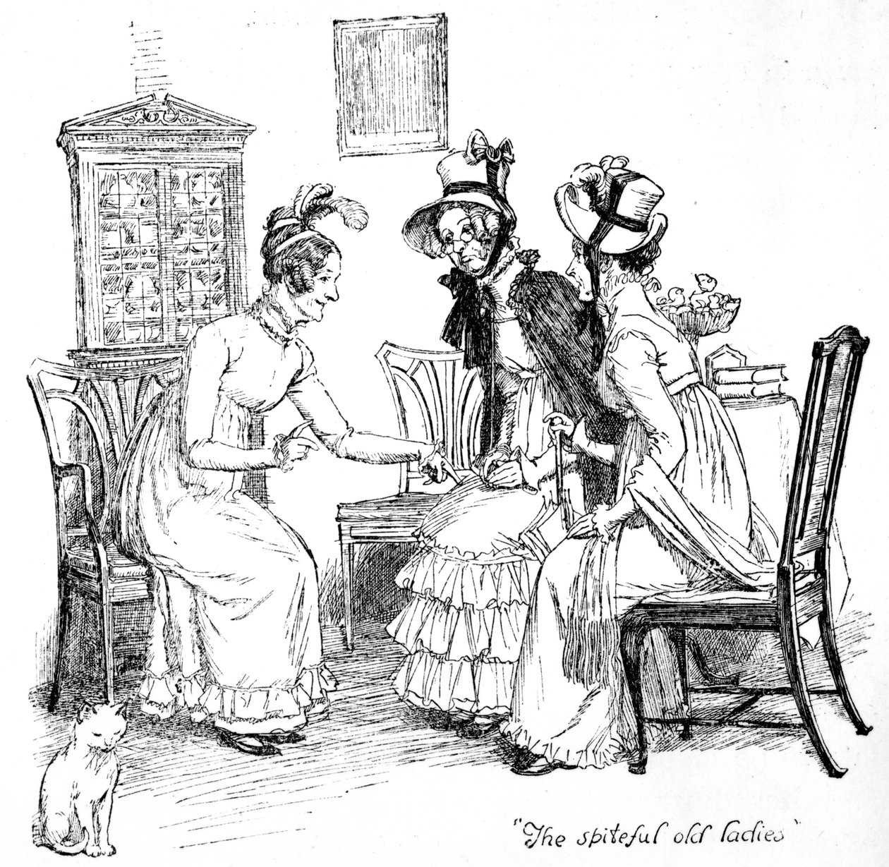 ジェーン・オースティンの「プライドと偏見」のイラスト、「意地悪な老婦人」、1894年に出版された版 作： ヒュー・トムソン