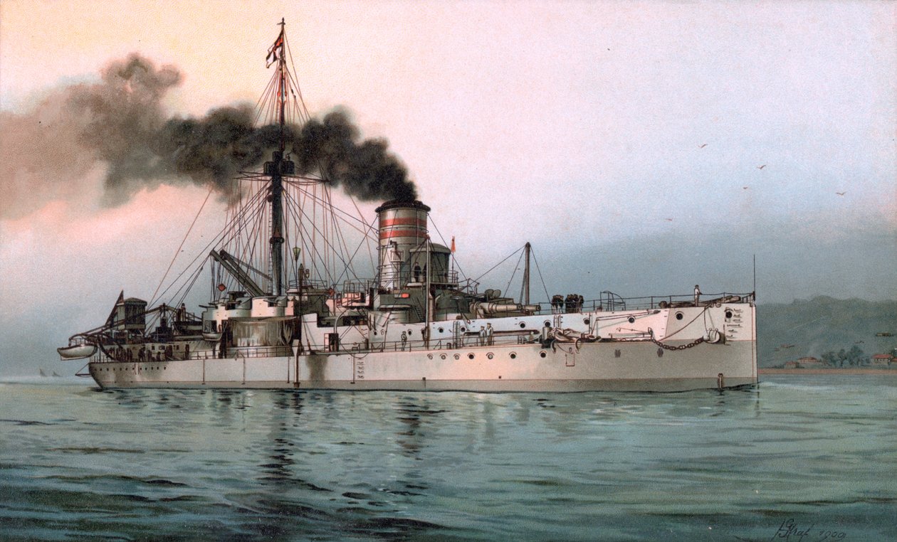ドイツの装甲艦 SMS Württemberg のリソグラフィ 作： ヒューゴ・グラフ