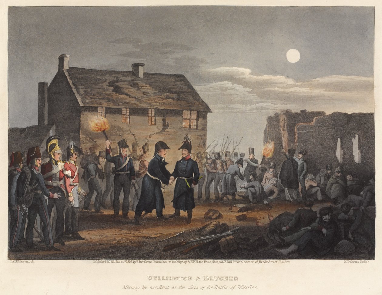 1819年にM.ドゥブールによって刻まれた、ウォータールーの戦いの終わりに偶然に会ったウェリントンとブルーチャー 作： IMクラーク