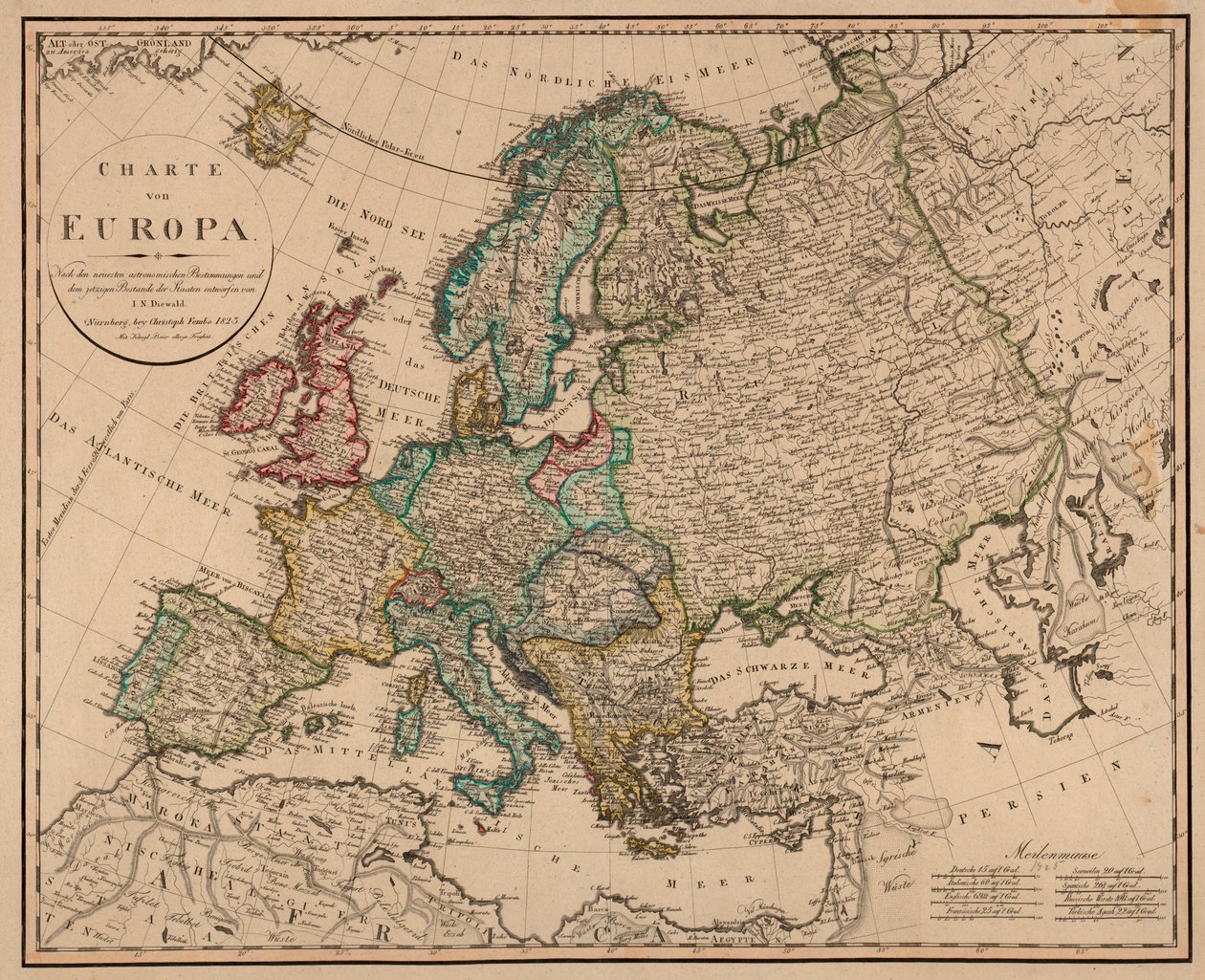 地図はニュルンベルク、クリストフフェンボ（1823）で公開され、ヨーロッパを示しています 作： ディーウォルド