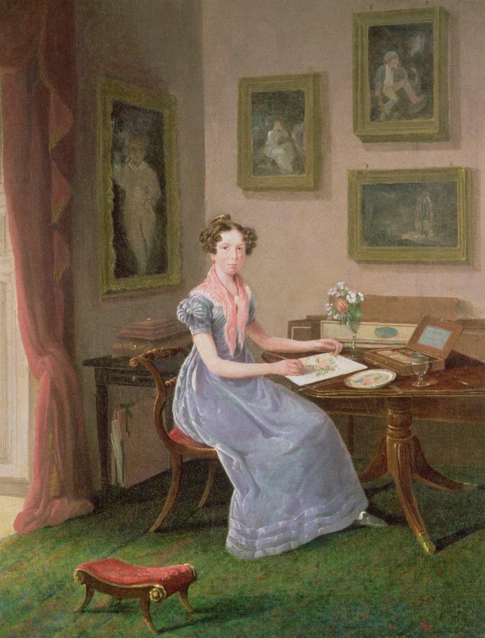 彼女の机で絵を描くアーティストのセルフポートレート 作： IJウィリス