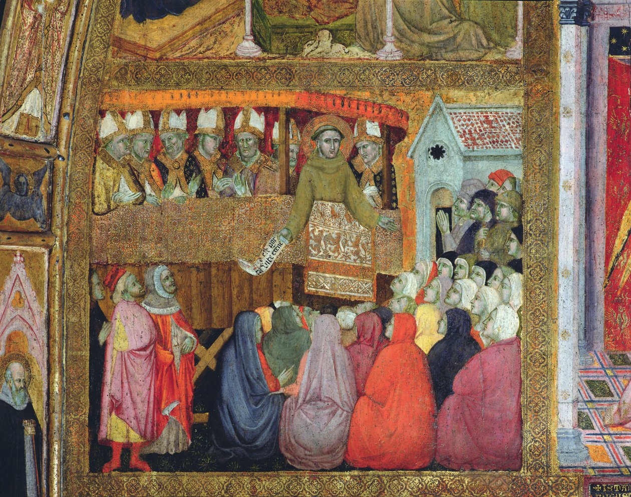 聖フランシスは、1393年にポルツィンコラのフレスコ画であるウンブリアの司教たちを伴って、耽溺を公布しました。 作： イラリオ・ダ・ビテルボ