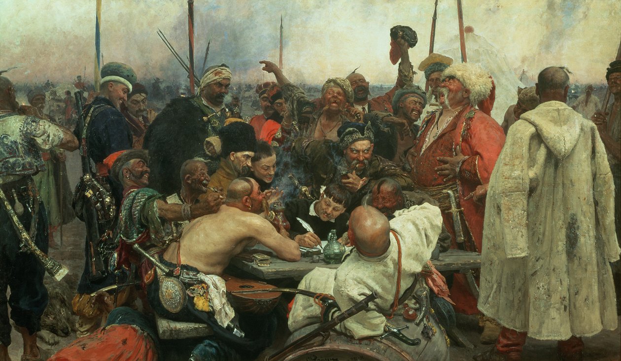 ザポロジェのコサックがトルコのスルタンに手紙を書いた、1890-91 作： イリヤ・エフィモヴィチ・レーピン