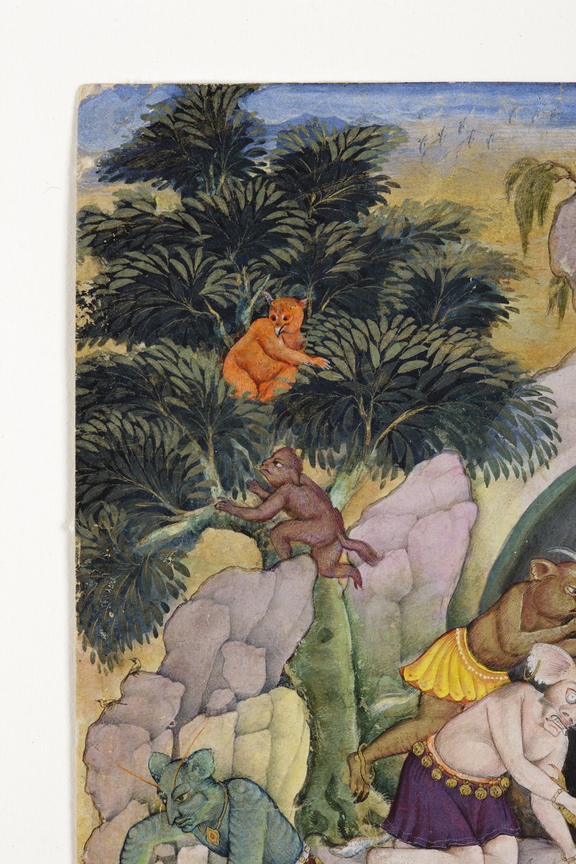 野生の風景の中の悪魔の詳細、1600年頃（紙に不透明なトイレと金） 作： インドの学校