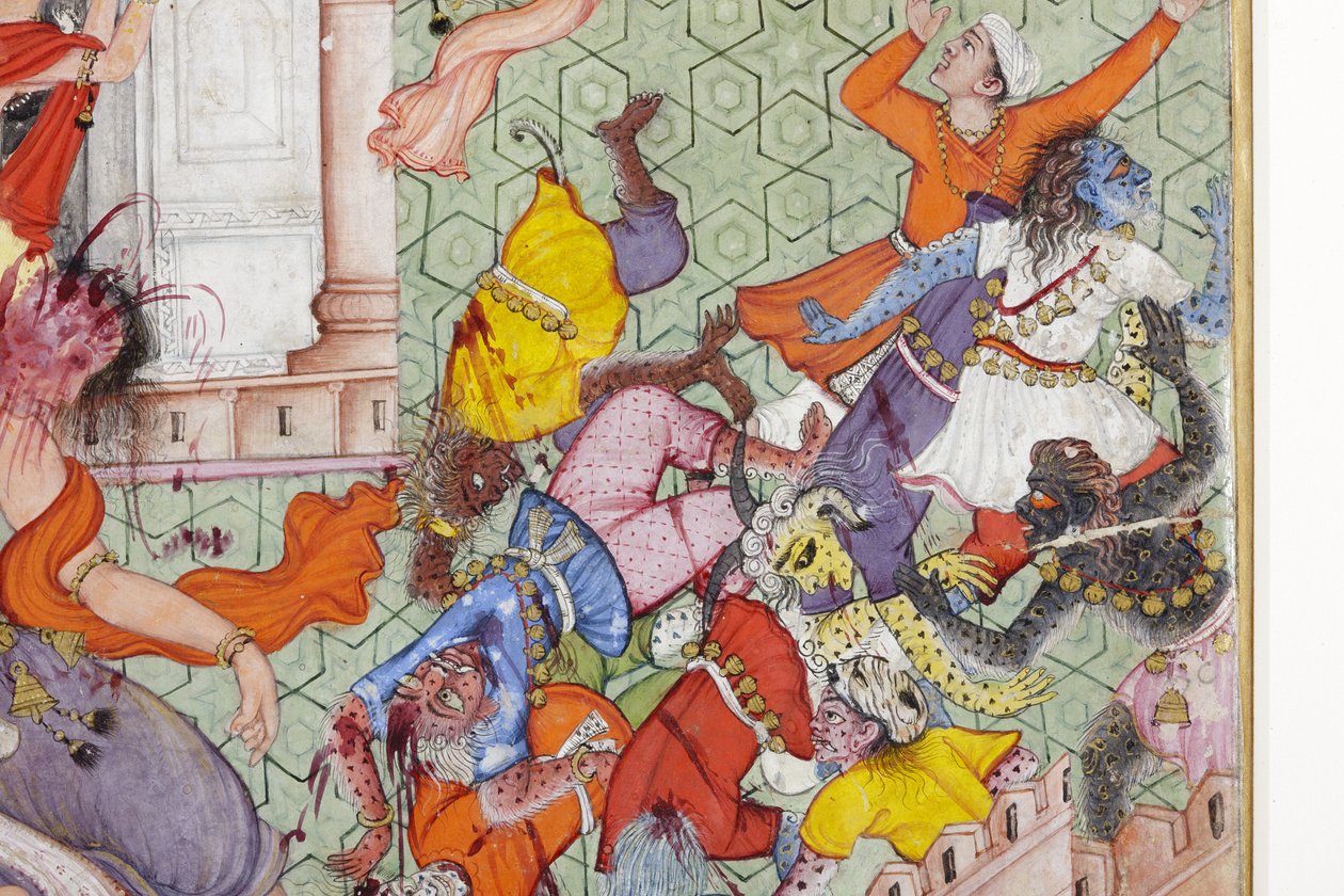 クリシュナからの細部は、彼の円盤投げでデーモンNarakasuraを裂きます、c.1585-90（紙に不透明なトイレと金） 作： インドの学校