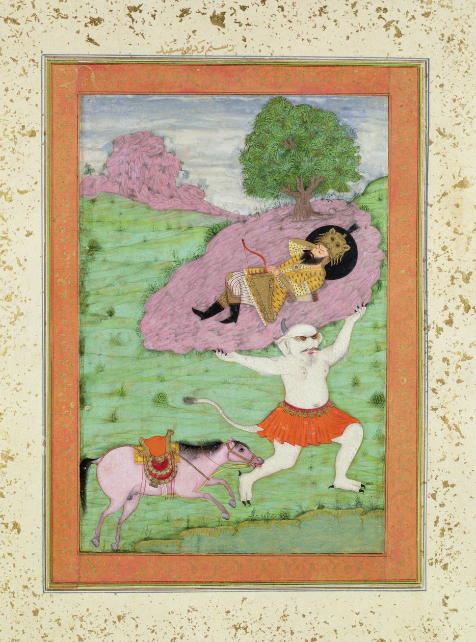 眠っているロスタムを運び去る白い悪魔、「Shahnama」（王の書）のイラスト、アブルカシムマヌールフィルダウシ（c.934-c.1020）、ラージクライヴアルバム 作： インドの学校