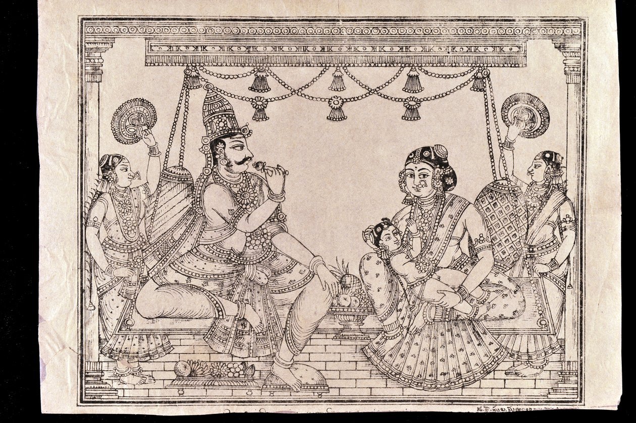 家族のシーン（木版画） 作： インドの学校