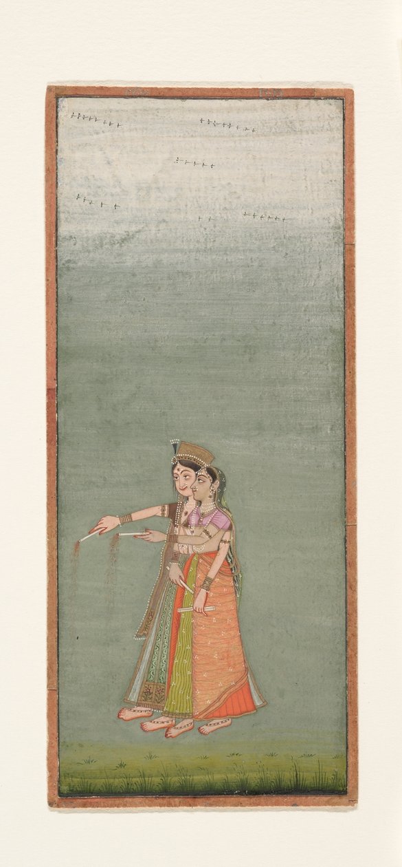 花火を持つ2人の裁判所の女性、c.1725 作： インドの学校