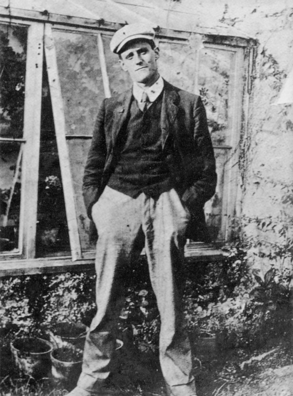 1904年、ダブリンの友人コンスタンティンカランの庭にいるジェームズジョイス 作： アイルランドの写真家