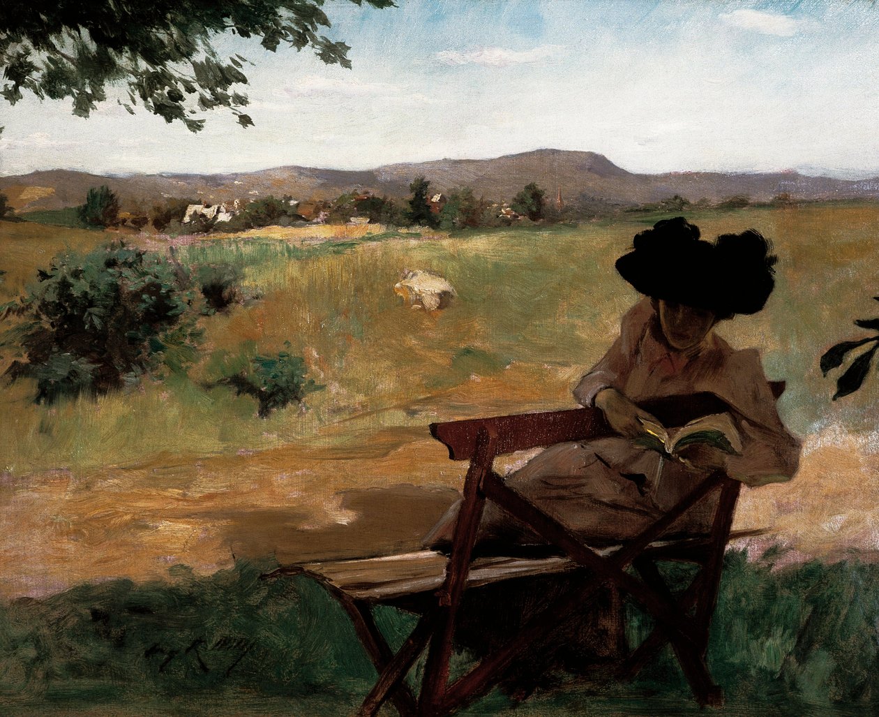 ベンチに座って読書する女性 作： アービング・ラムゼイ・ワイルズ
