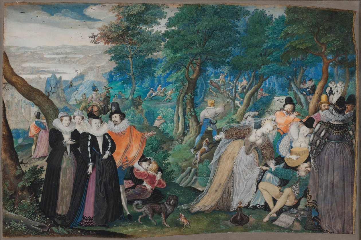 野外でのパーティー。夫婦愛の寓意c。 1590-1595（ベラムのガッシュと水の色がカードに貼り付いている） 作： アイザック・オリバー