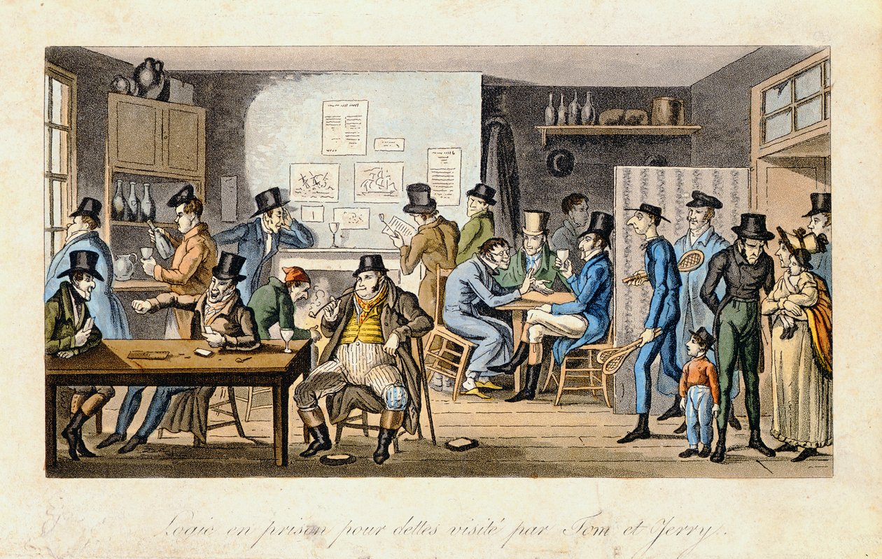 トムとジェリーが訪れた債務者の刑務所の論理、ピアースイーガン著「Life in London」（1821〜22年）（アクアチント色） 作： アイザックロバートクルックシャンク