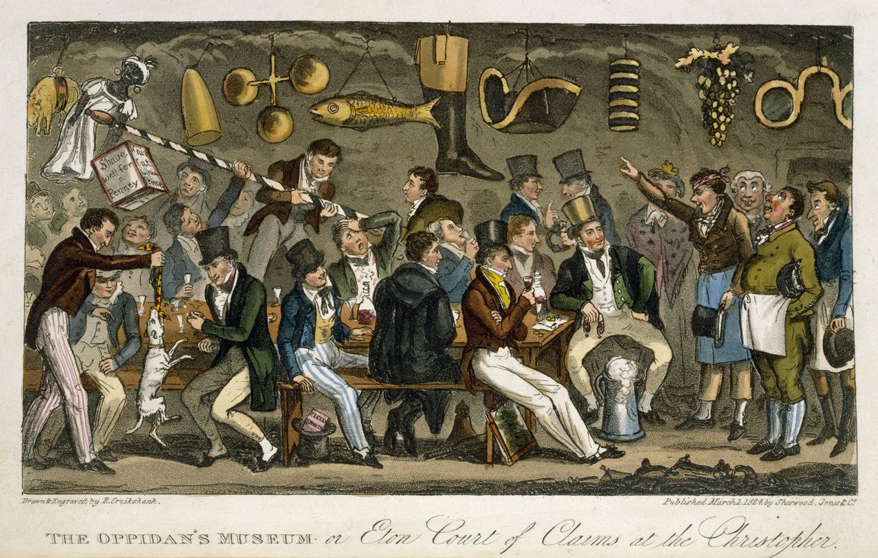 1825年にロンドンで出版されたチャールズモロイウェストマコット（1788-1868）による &39;The English Spy&39;からのクリストファーのオピダン美術館またはイートン請求裁判所（カラーリソ） 作： アイザックロバートクルックシャンク