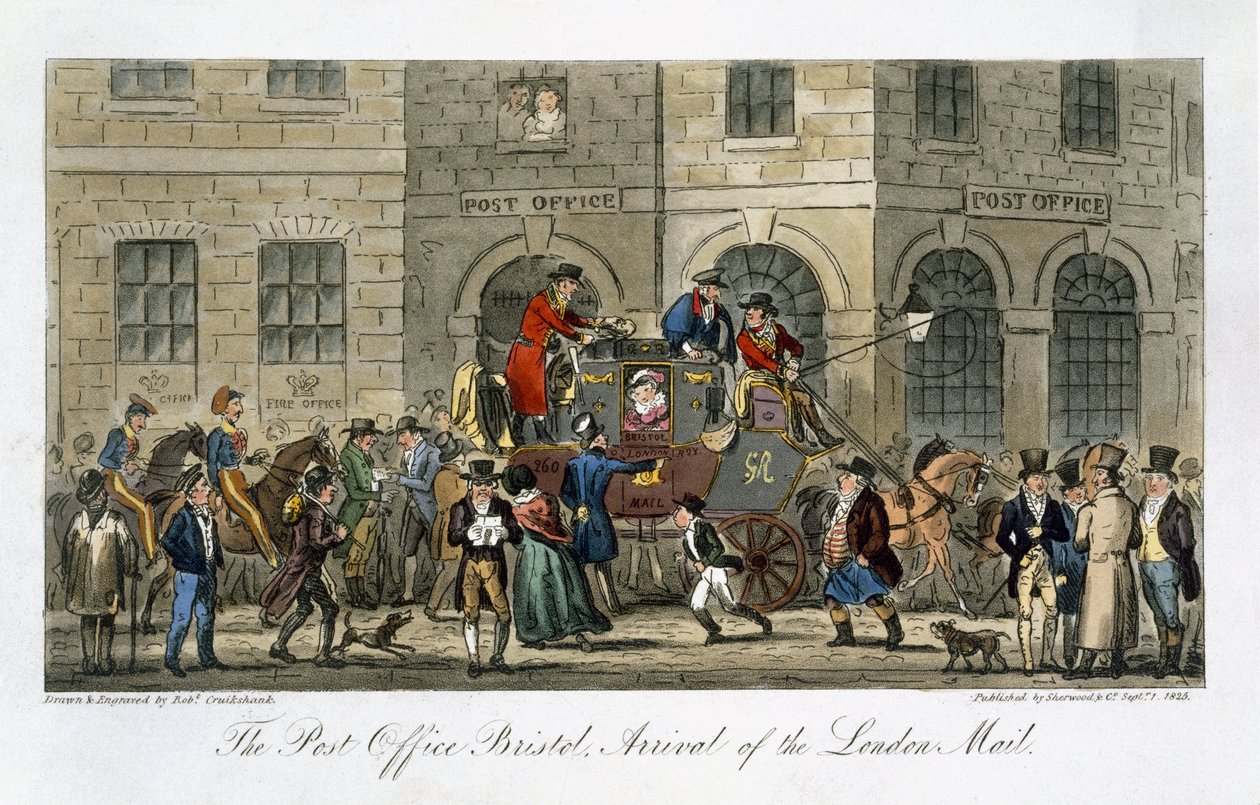 チャールズモロイウェストマコット（1788-1868）による「イングリッシュスパイ」からのロンドン郵便の到着郵便局ブリストル（1825年ロンドン発行） 作： アイザックロバートクルックシャンク