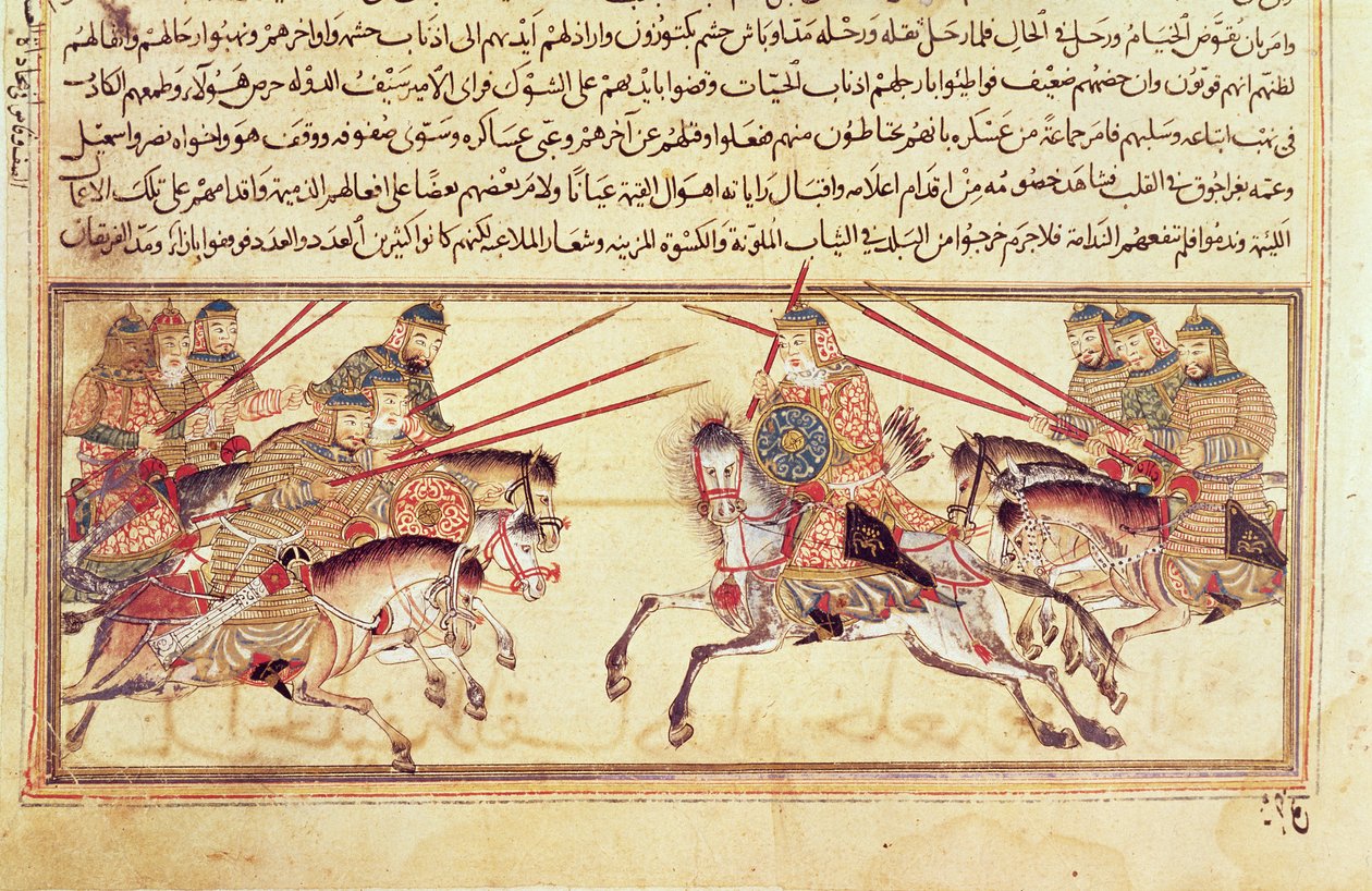 モンゴル族同士の戦い、おそらくラシッドアルディンの「ジャミ」アルタワリク、c.1307（vellum） 作： イスラム学校