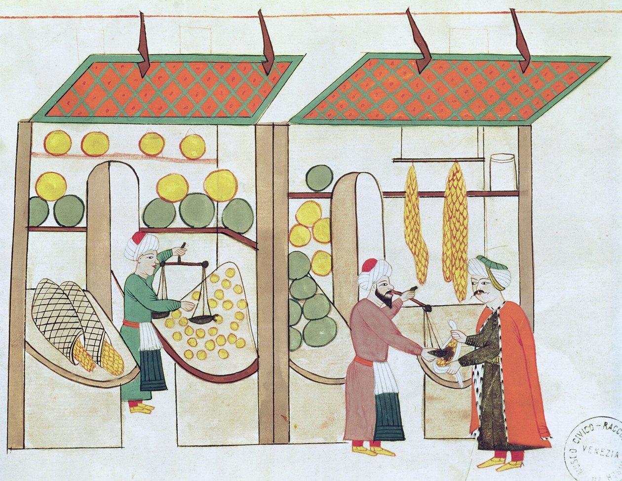 Ms.1671 2つの果物屋、c.1580 作： イスラム学校
