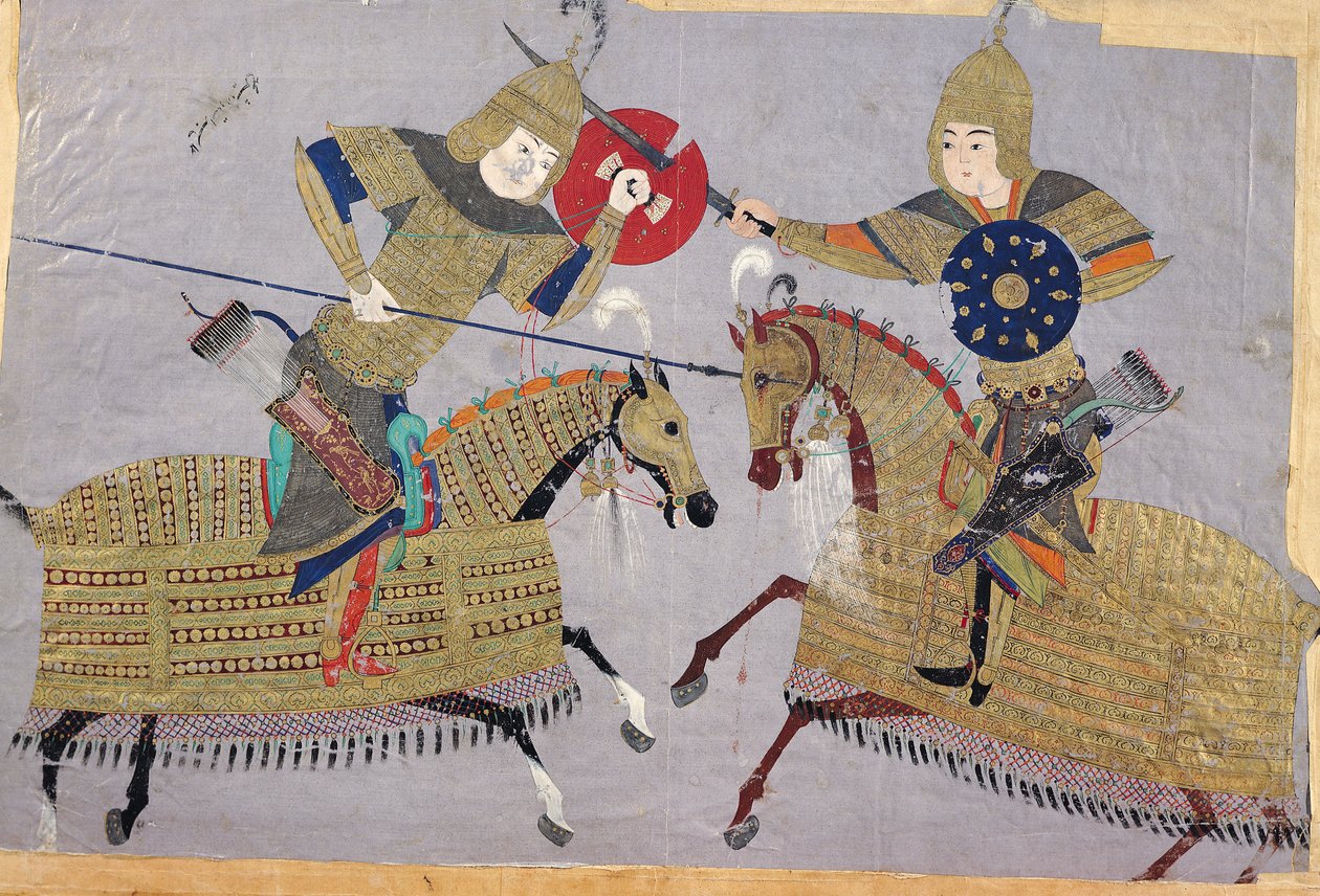 戦闘で馬に乗った2人の戦士、タブリーズ学校、1480年頃 作： イスラム学校