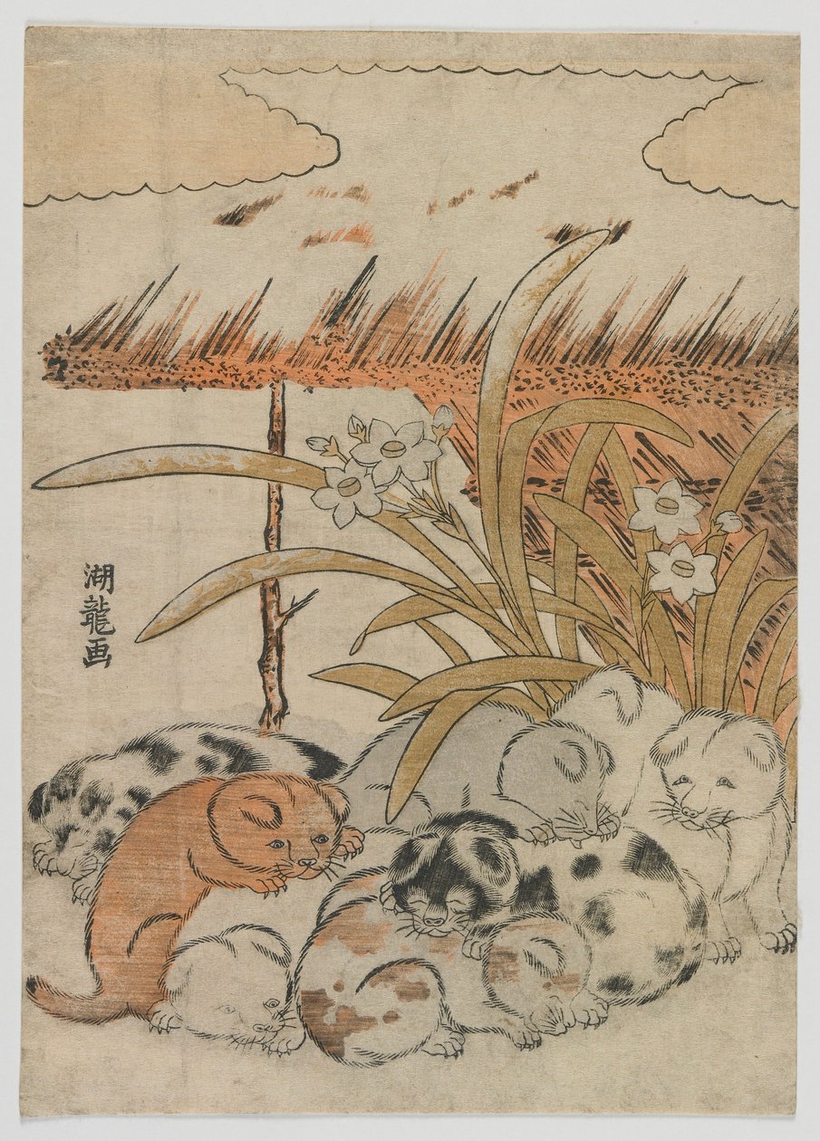 雪の子犬、江戸時代、1778年（色木版画） 作： Is田流彩