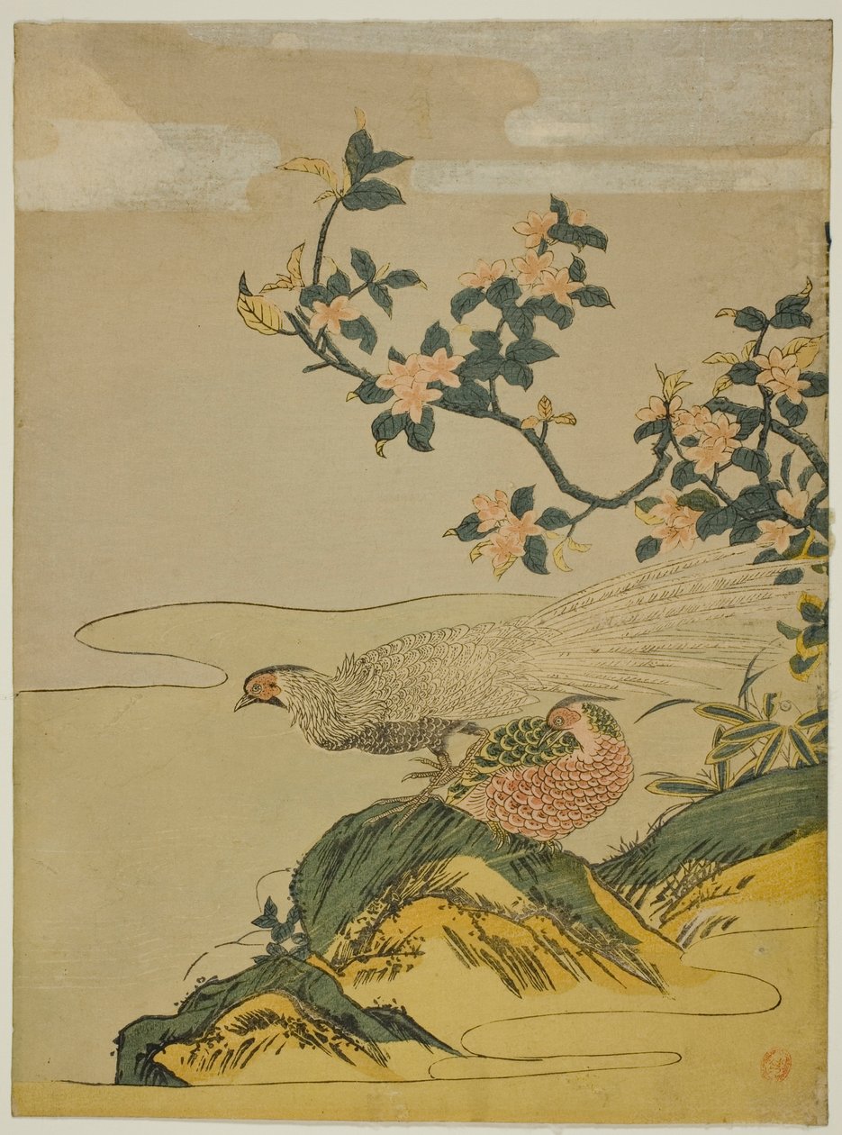 桃の花の枝の下のキジ 作： Is田流彩