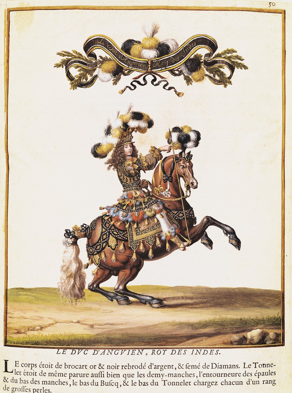 1662年6月5日、チュイルリーの前でルイ14世（1638-1715）のために行われたカルーセルでインディアンの王としてのエンジャン公 作： イスラエル・シルベストル・ザ・ヤング