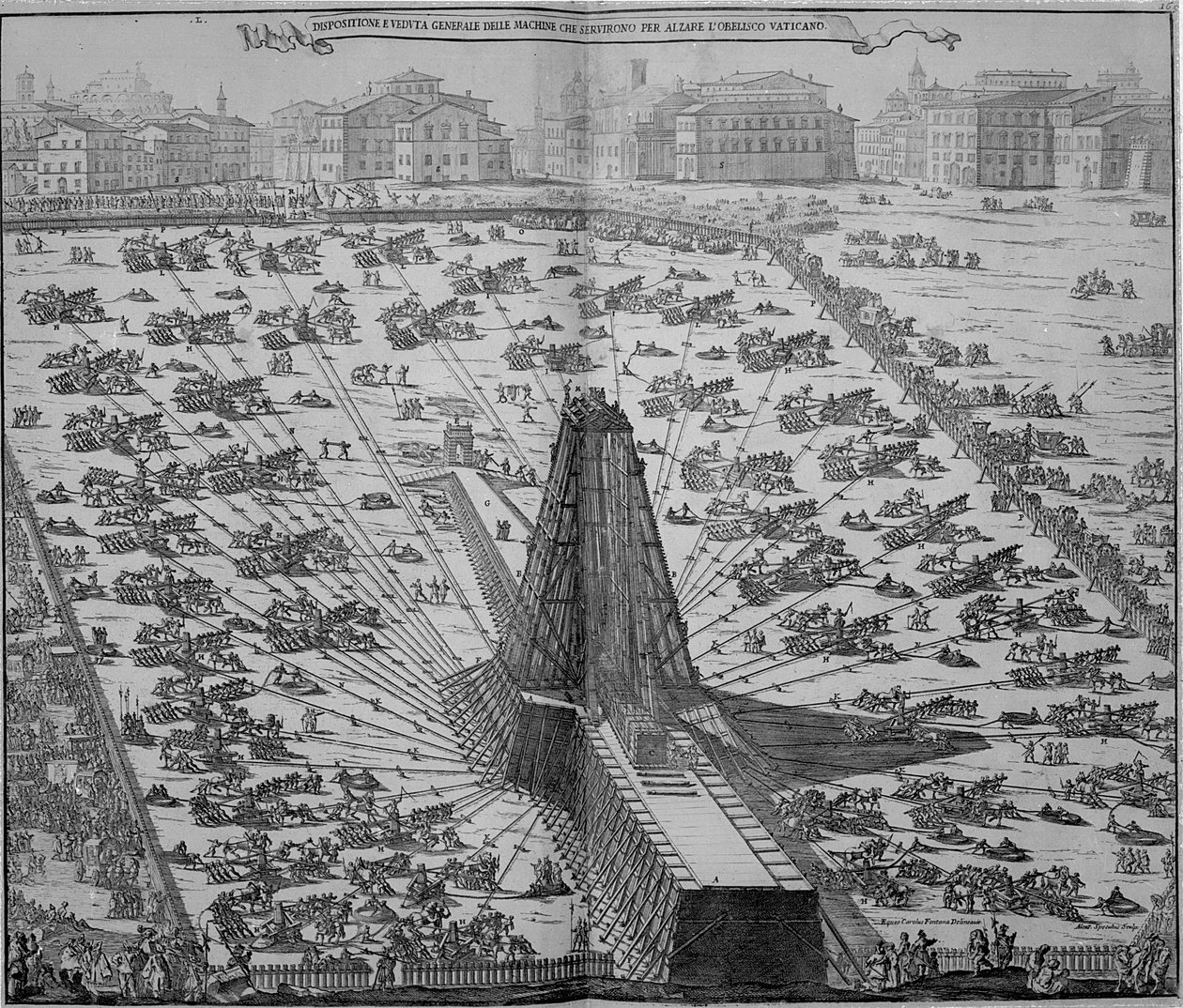ニコラ・ザバグリアが彫刻したローマのサンピエトロ広場に古代エジプトのオベリスクを建てる 作： イタリア語学校