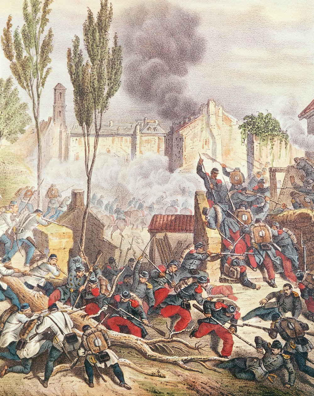 1859年のマゼンタの戦いでのピエモンテ人とフランス人（色の彫刻） 作： イタリア語学校