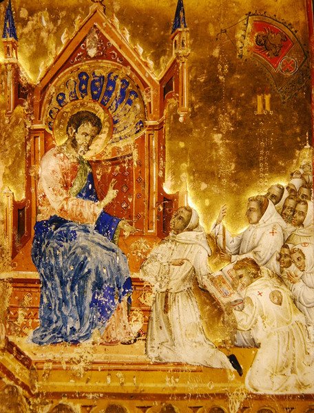 兄弟は、聖マルコ信徒のギルドのマリエゴラから1350年頃、聖マルコにルールを提示しました（1350ベラムのインクと金箔） 作： イタリア語学校